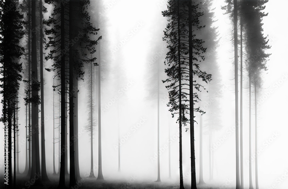 Aufkleber a black and white photo of a forest with fog in the air and trees in the foreground., generative ai