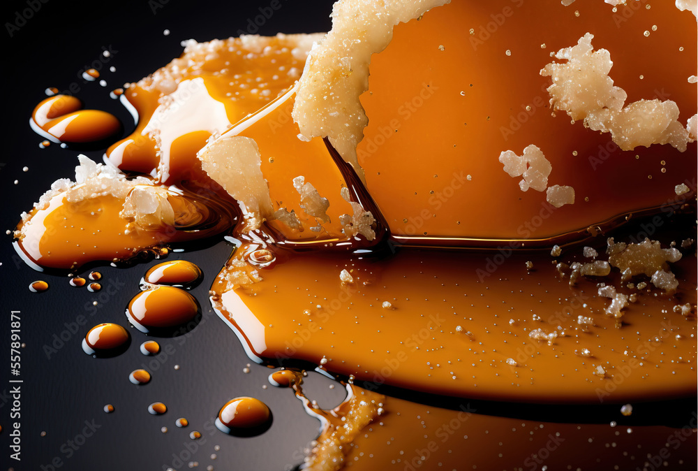 Poster a close up of a piece of cake on a plate with syrup on it and a slice of cake on top of the plate wi