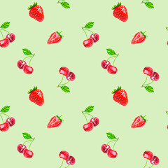 Cherry and strawberry pattern. Summer berries. Juicy print. Watercolor illustration.