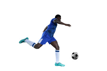 Football striker with blue team suit chases the soccerball - obrazy, fototapety, plakaty