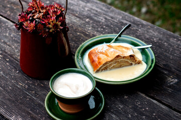 Typical Bavarian dessert apple strudel with vanilla cream.