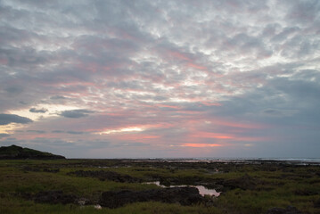 朝焼けの空と潮溜りのある海岸