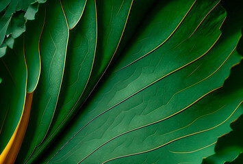 Tropical leaf macro texture with golden streaks. Luxury dark green illustration