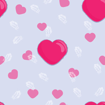 Delicate feathers and hot pink hearts, seamless pattern