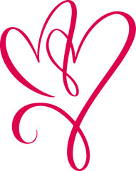 Red vector love two hearts logo sign. Romantic illustration symbol pairs, passion and wedding. Calligraphy Design element of valentine day. Template greeting card, invitation