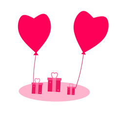 illustration of a pink heart shaped balloon and a gift