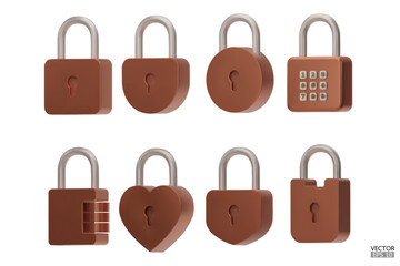 Set of 3D copper Padlock icons isolated on white background. Minimal lock icon. 3d vector illustration.