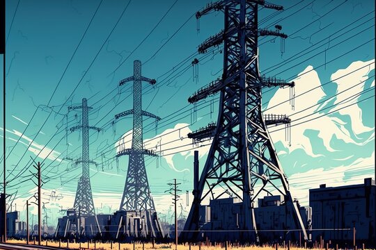 Power lines. Power equipment of power station. Production of Electric energy. AI