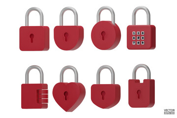 Set of 3D Red Padlock icons isolated on white background. Minimal lock icon. 3d vector illustration.