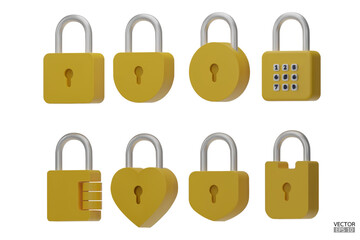 Set of 3D yellow Padlock icons isolated on white background. Minimal lock icon. 3d vector illustration.