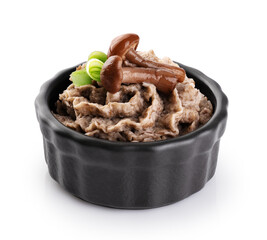 Mushroom pate, mushrooms and onions in a bowl isolated on white background. With clipping path.