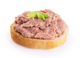 Toast with meat pate and onions isolated on white background. With clipping path.