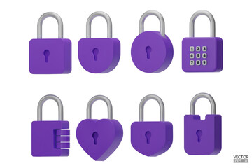 Set of 3D purple Padlock icons isolated on white background. Minimal lock icon. 3d vector illustration.