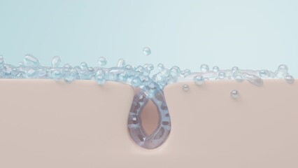 Cleaning pore, Water and bubble cleaning oil on skin and remove bacteria in pore hole. Acne prevent and Shrink pore concept. 3D rendering.