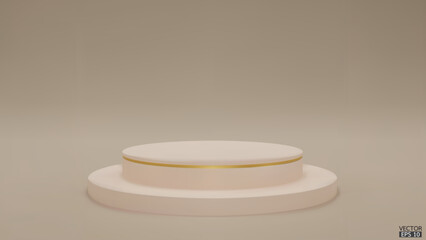 Shiny Beige color round pedestal  on studio  backdrops. Ivory  Blank display or clean room for showing product. Minimalist mockup for podium display or showcase. 3D vector illustration.