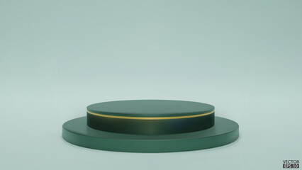 Shiny dark green round pedestal on studio backdrops. Green Blank display or clean room for showing product. Minimalist mockup for podium display or showcase. 3D vector illustration.