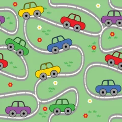 Fototapete Autorennen Childrens seamless vector pattern with road and cars