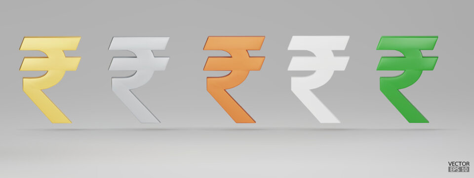 Set of Indian Rupee currency symbol isolated on white background. Gold, copper, silver, green, and white Rupee sign. 3D rupee money currency sign. 3D vector Illustration.