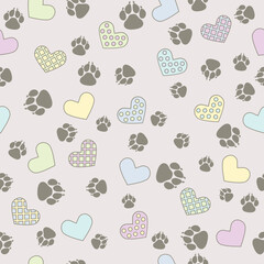 Black pet footprints and colorful hearts on white background, seamless vector pattern