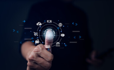 Cybersecurity digital technology concept. businessman use fingerprints to access personal. biometric identification technology, secure internet access, personal information safe, transaction protect,