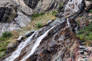 Sparse but very diverse green autumn vegetation of mosses and herbs on brown karst granite rocks washed by the foamy waters of an alpine waterfall, Cogne, Aosta valley, Italy