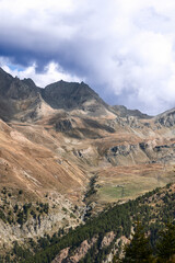 Alpine gorge with yellow autumn grass and pine trees on slopes, winding trekking path and wires from high voltage power line, heavy low clouds above. Cogne, Aosta Valley, Italy (vertical shot)