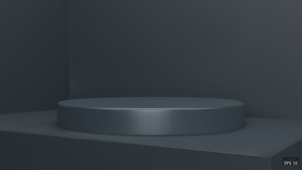 Shiny dark blue round pedestal on studio backdrops. Blank display or clean room for showing product. Minimalist mockup for podium display or showcase. 3D vector illustration.