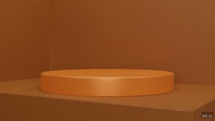 Shiny yellow round pedestal on studio backdrops. Blank display or clean room for showing product. Minimalist mockup for podium display or showcase. 3D vector illustration.