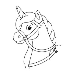 Magic unicorn head. Fairy horse. Coloring page for kids. Digital stamp. Cartoon style character. Vector illustration isolated on white background.
