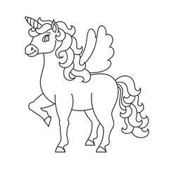 Cute unicorn with wings. Magic fairy horse. Coloring book page for kids. Cartoon style. Vector illustration isolated on white background.