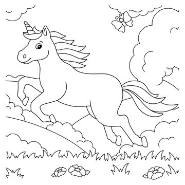 The unicorn jumps on the grass. Coloring book page for kids. Cartoon style character. Vector illustration isolated on white background.
