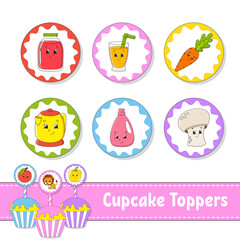 Cupcake Toppers. Set of six round pictures. cartoon characters. Cute image. For birthday, baby shower. Isolated on white background. Vector illustration.