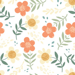 Yellow and red wildflowers and leaves vector seamless pattern