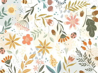 Floral doodle vector wallpaper with wildflowers, acorns, leaves, bee and ladybug on textured background © Uli Prozorova