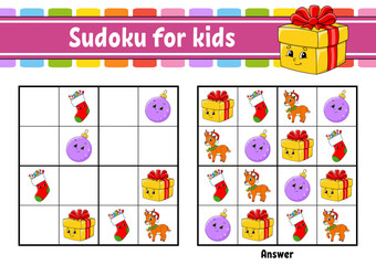 Sudoku for kids. Education developing worksheet. cartoon character. Color activity page. Puzzle game for children. Logical thinking training. Vector illustration.