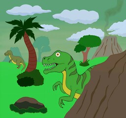 beautiful illustration with dinosaurs near trees and volcanoes