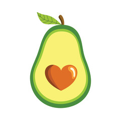Vector illustration of cut avocado half with heart shaped pit stem leaf. Healthy plant base diet vegetables microbiome gut health concept