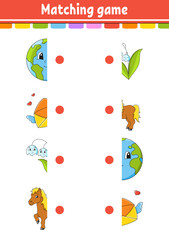 Matching game. Draw a line. Education developing worksheet. Activity page with color pictures. Riddle for children. Cute character. Cartoon style. Vector illustration.