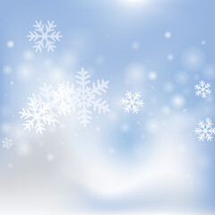 Naklejka na ściany i meble Simple flying snowflakes design. Snowfall fleck ice granules. Snowfall weather white blue composition. Filigree snowflakes january vector. Snow nature scenery.