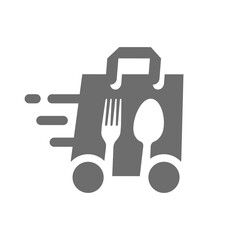 Fast food delivery vector icon. Shopping bag on wheels with fork and spoon filled symbol.