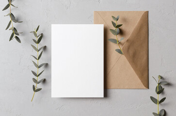 Invitation or blank greeting card mockup with eucalyptus twigs and envelope, botanical card with copy space