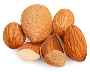 Almonds isolated on white background. Almond nut collection .