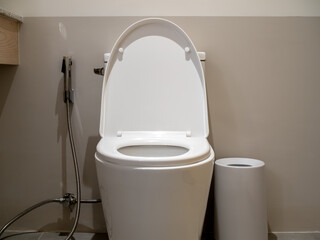 White clean ceramic toilet bowl, front view with silver bidet shower or health faucet beside the...