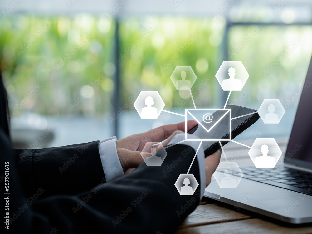 Poster sending email and business marketing concepts. digital letter with email address symbol and person i
