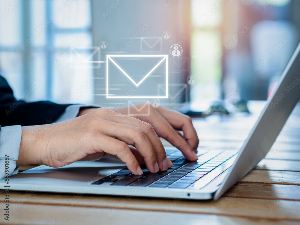 Poster sending email and business marketing concepts. fast moving of digital letters symbol with person ico