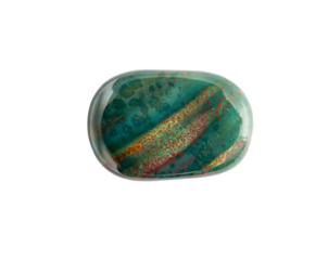 Semi precious stone heliotrope also known as bloodstone. Green gemstone with red spots isolated on white background. Studio shot, lot of copy space.