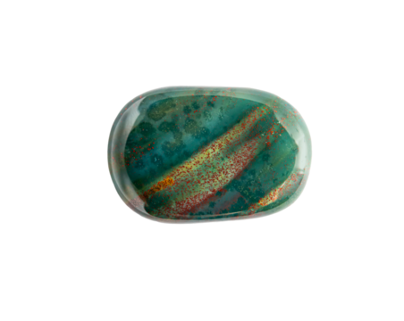 Semi precious stone heliotrope also known as bloodstone. Green gemstone with red spots isolated on white background. Studio shot, lot of copy space.