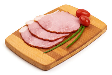 Smoked pork loin with slices, isolated on white background.