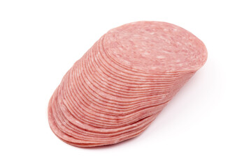 Twisted salami slices, isolated on white background.
