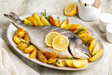 Dish with baked sea bream or dorada fish with potatos, lemon and herbs.